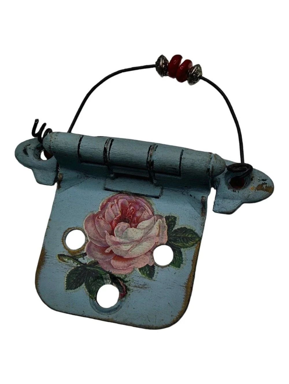 "5/$40" Altered Upcycled Metal Hardware Hanging Door Hinge Ornament Blue Rose